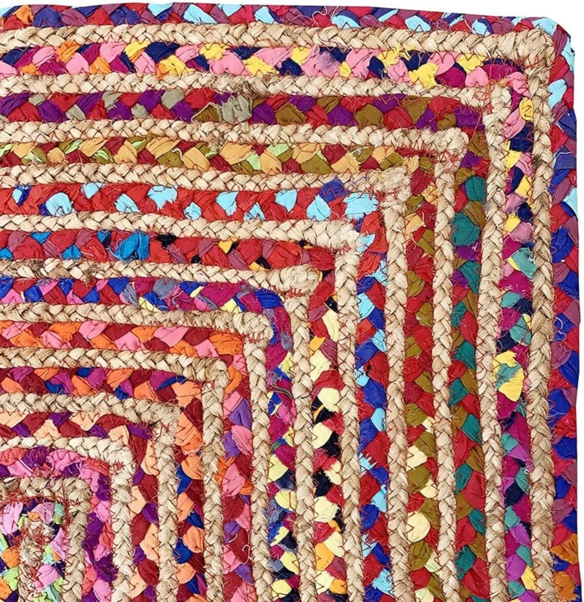 Indian Handmade Braided Rug – Colorful Jute Chindi Cotton Carpet for Home Interiors