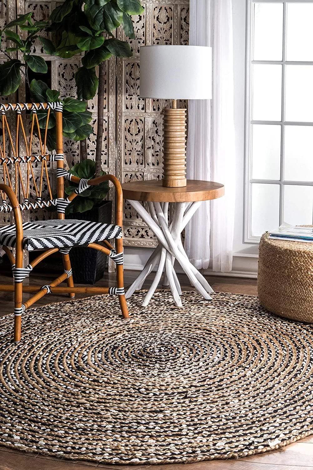 Round Natural Jute Rug – Cotton Blend Hand-Braided Area Rug