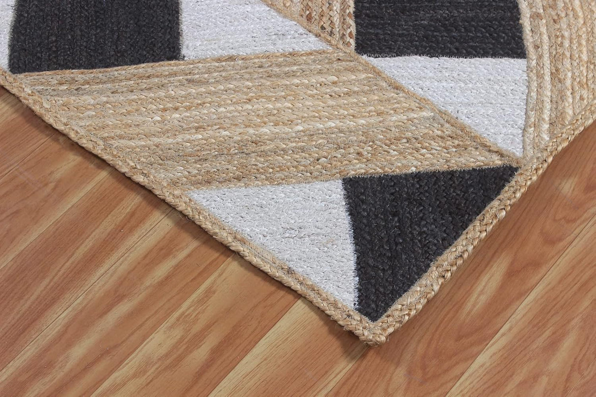 Beige and Black Indian Rug – Hand-Woven Geometric Area Rug for Living Room