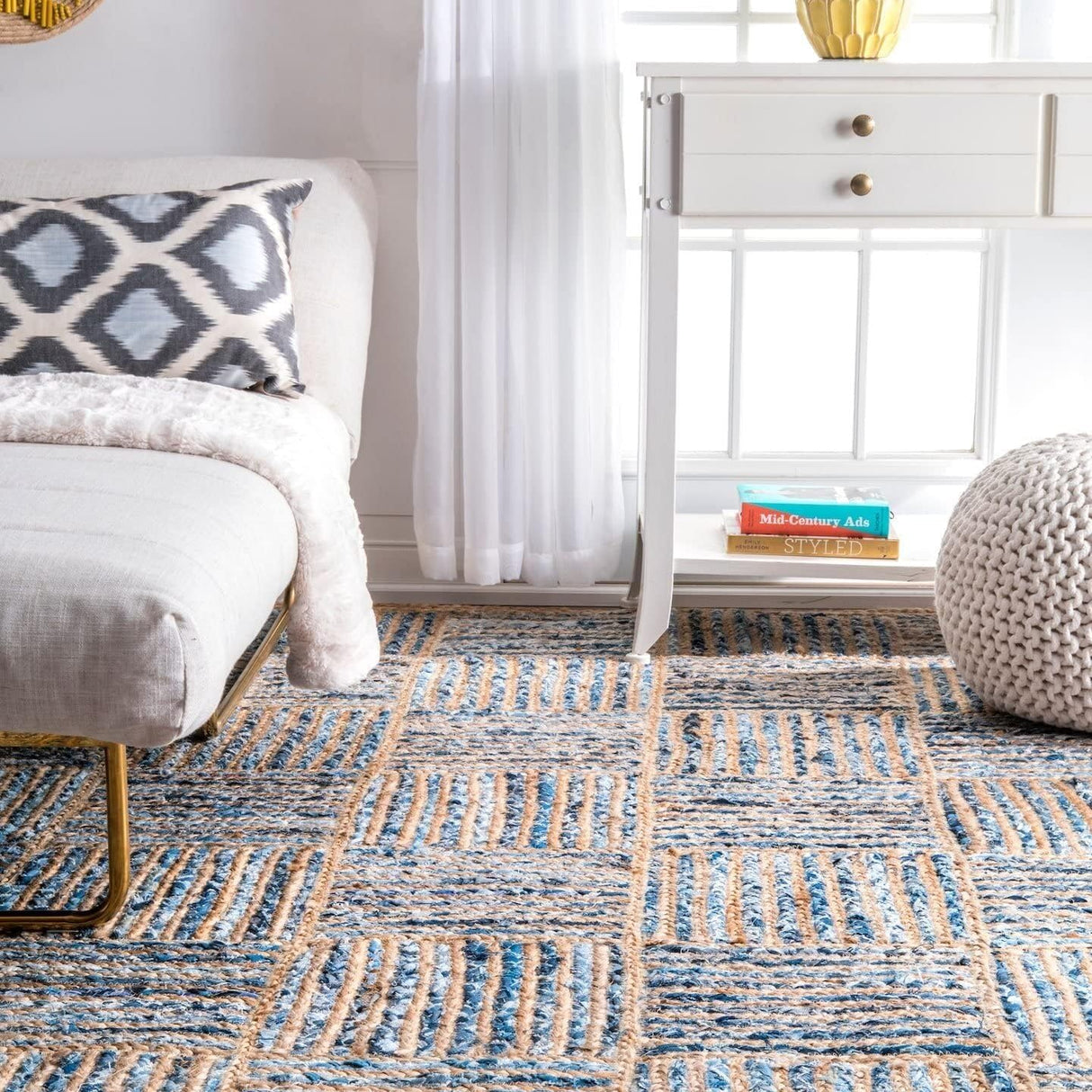 Denim And Natural Jute Rug ,Blue Carpet