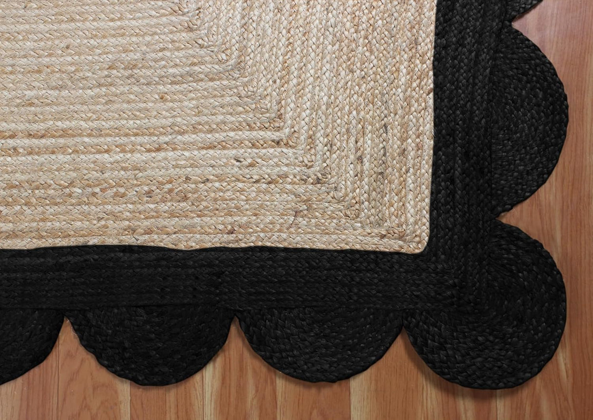Black Border Jute Rug – Hand-Braided Scalloped Rug for Patio or Living Room