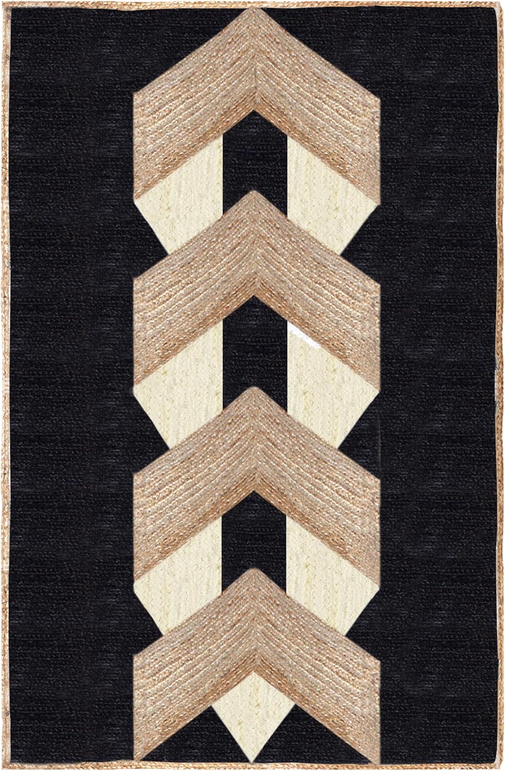 Beige and Black Indian Rug – Hand-Woven Geometric Area Rug for Living Room