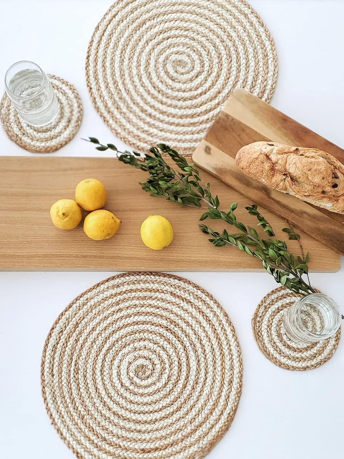 Handmade Braide Natural Jute with White Cotton Coaster,Wedding Table Decor Mats