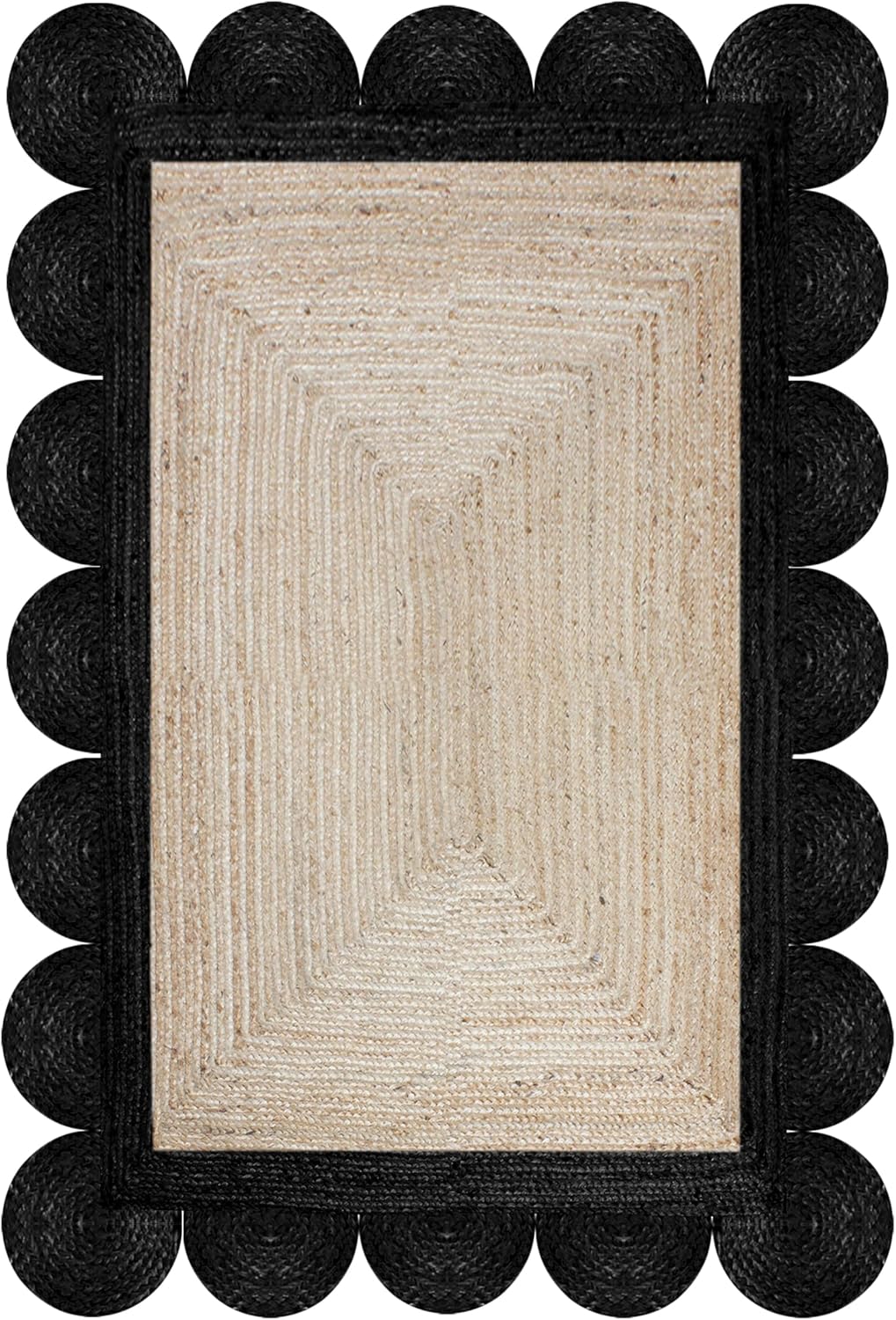 Black Border Jute Rug – Hand-Braided Scalloped Rug for Patio or Living Room