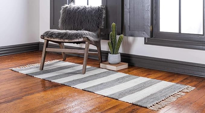 Chindi Rag Collection Hand Woven Striped Natural Fibers Gray Runner Rug