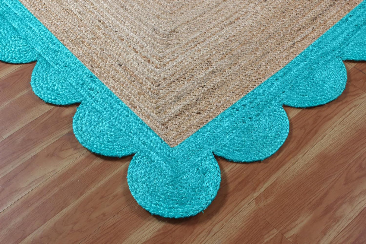 Black Border Jute Rug – Hand-Braided Scalloped Rug for Patio or Living Room