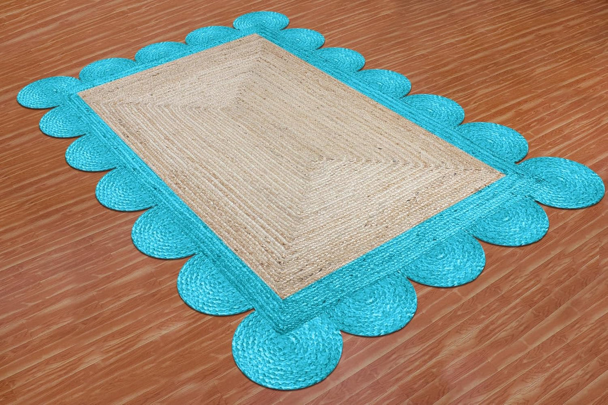 Black Border Jute Rug – Hand-Braided Scalloped Rug for Patio or Living Room