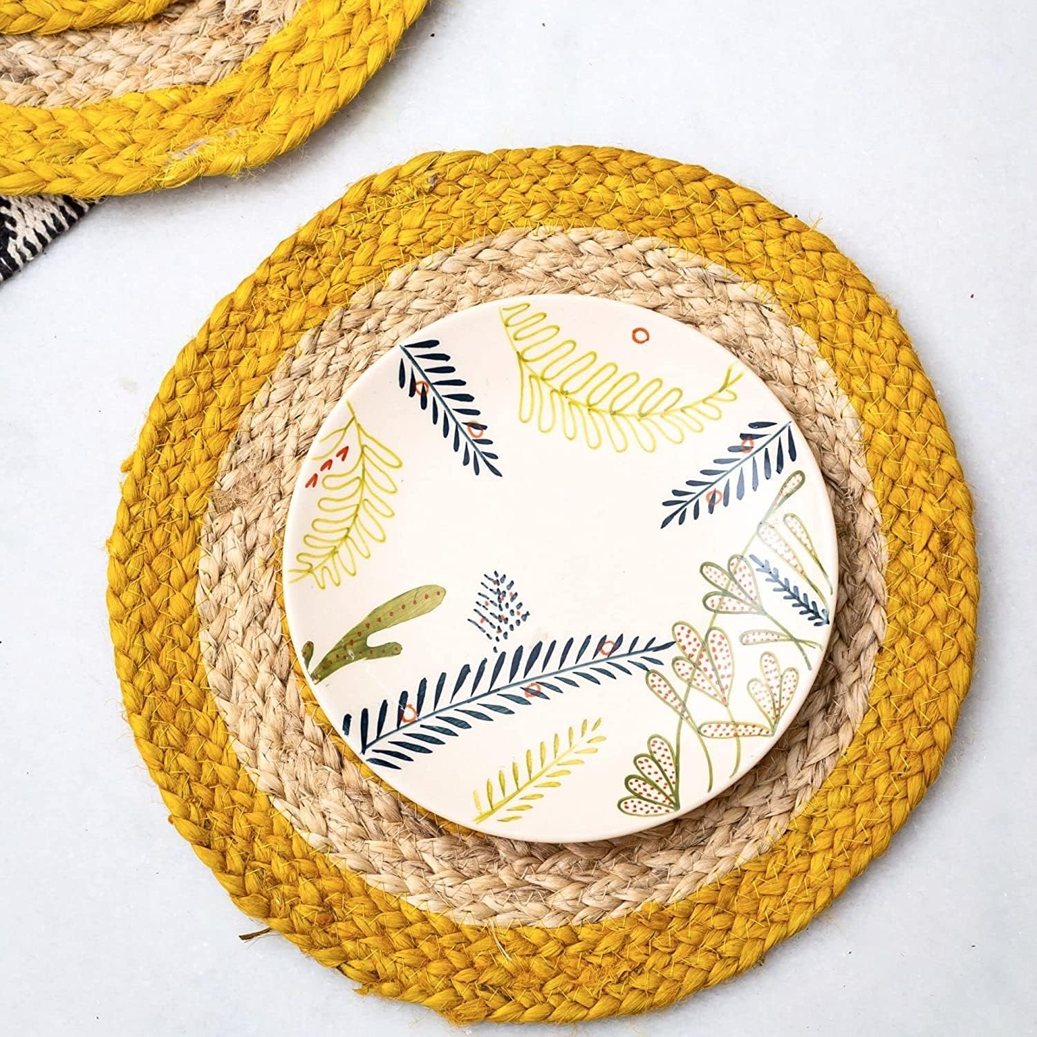 Handmade Braide Beige with Yellow Coaster, Table Top, Place mats