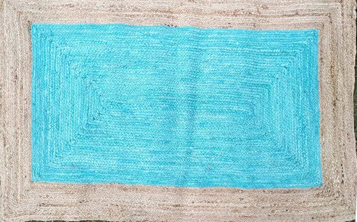 Rustic Sky Blue Jute Rug – Handmade Natural Fiber Area Rug