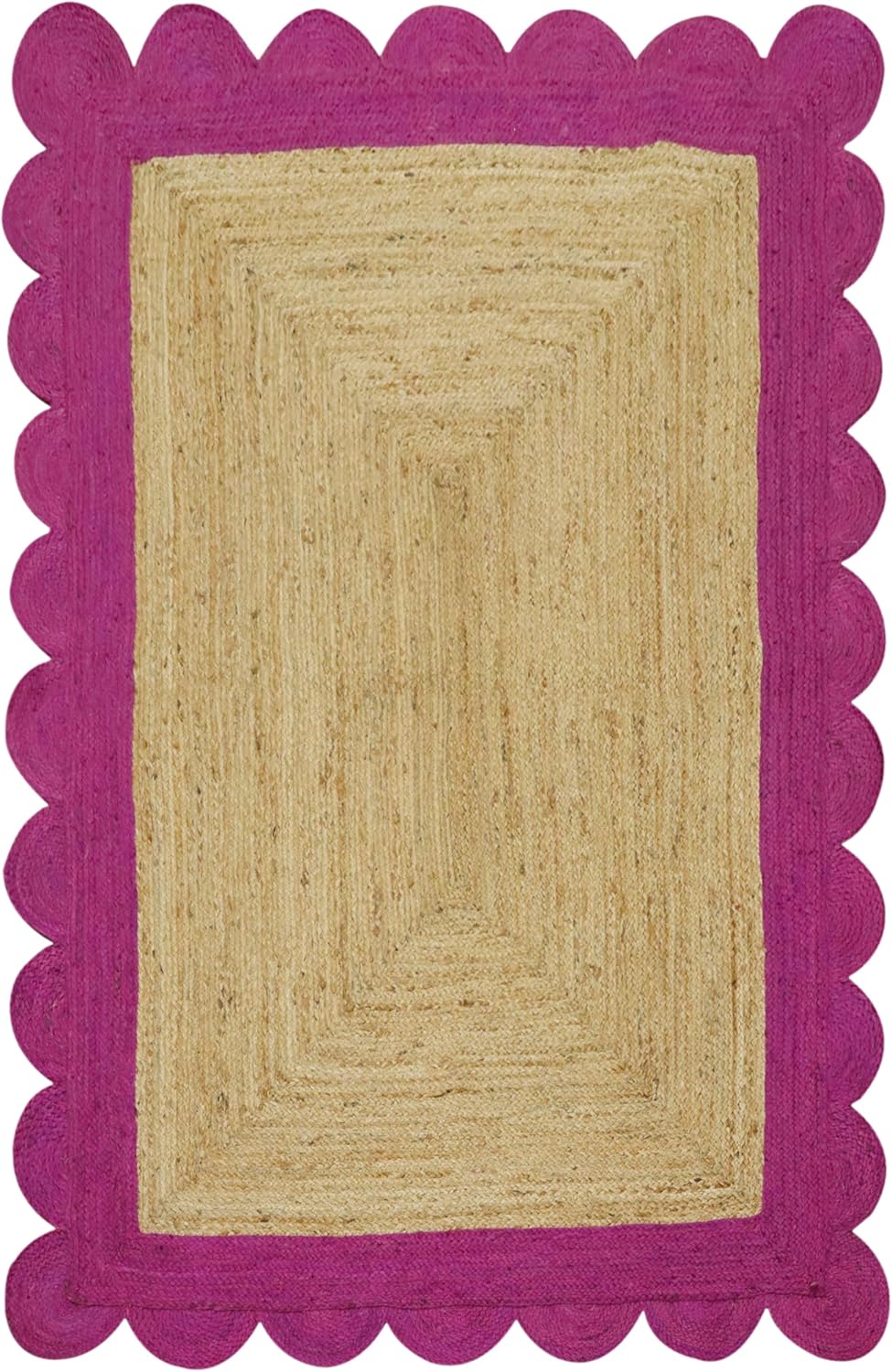 Black Border Jute Rug – Hand-Braided Scalloped Rug for Patio or Living Room