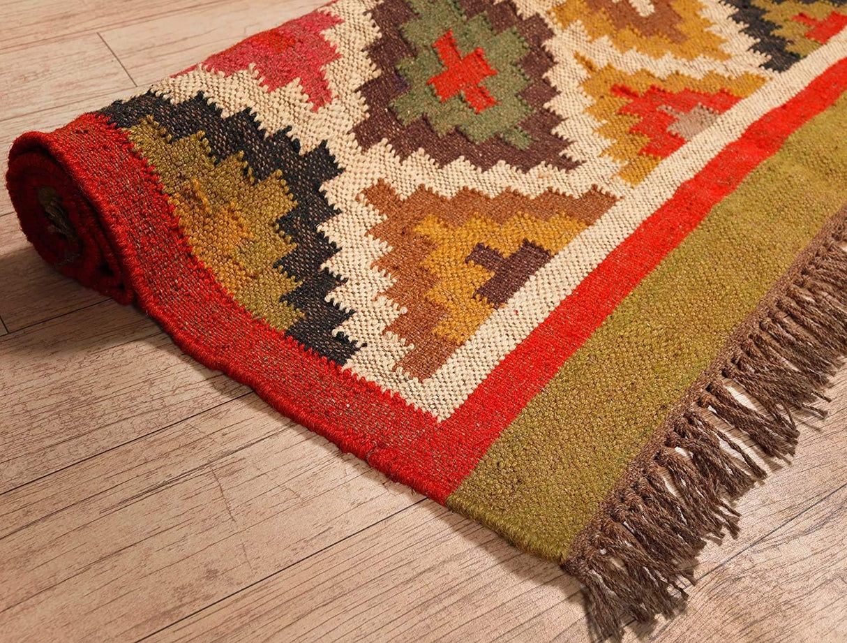 Kilim Area Rug,Indian Traditional Weaver Tribal Wool Jute Rug