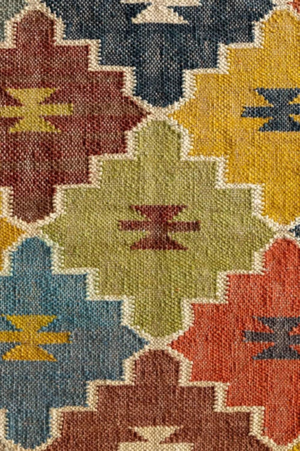 Boho Wool Jute Kilim Rug, Flatweave Multicolor Dhurrie Carpet