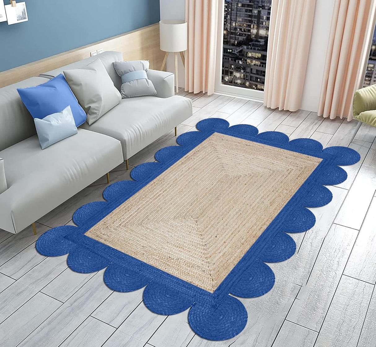 Black Border Jute Rug – Hand-Braided Scalloped Rug for Patio or Living Room