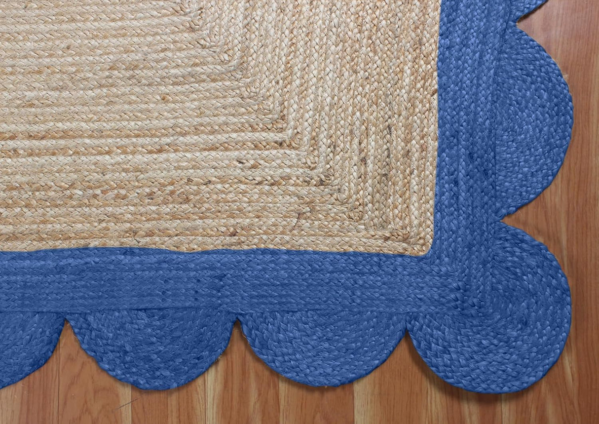 Black Border Jute Rug – Hand-Braided Scalloped Rug for Patio or Living Room