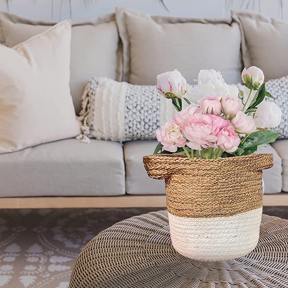Jute and Cotton Basket Beige & White Storage Baskets
