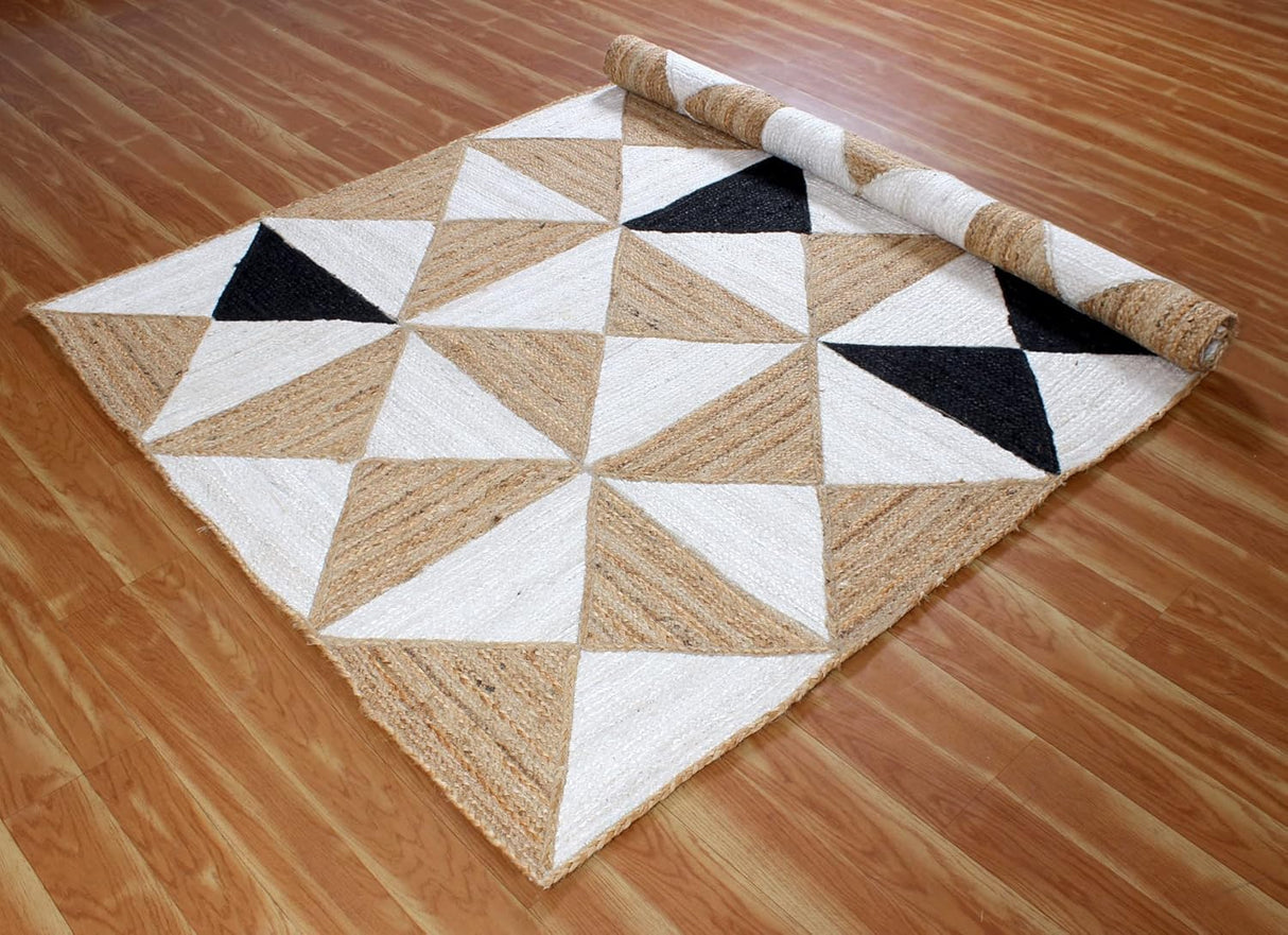 Beige and Black Indian Rug – Hand-Woven Geometric Area Rug for Living Room