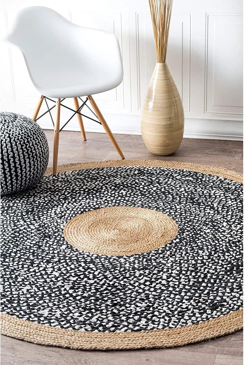 Round Natural Jute Rug – Cotton Blend Hand-Braided Area Rug