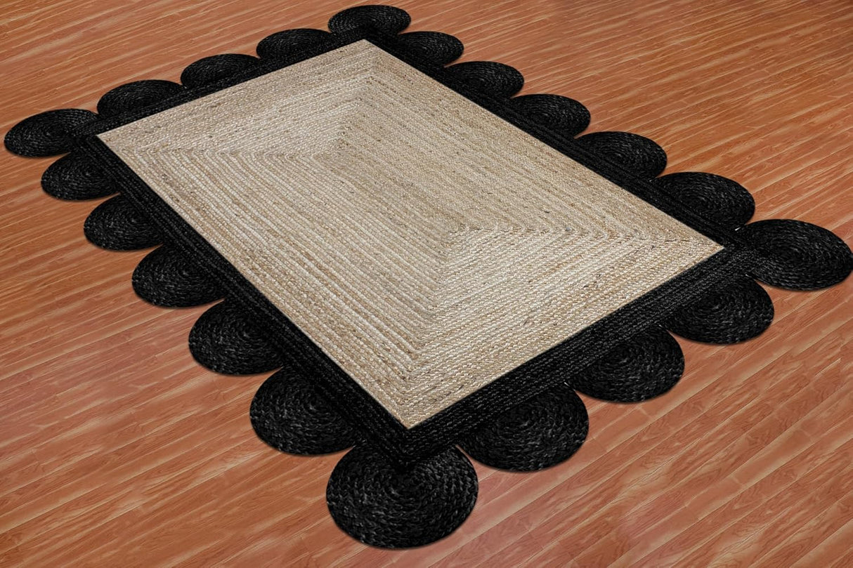 Black Border Jute Rug – Hand-Braided Scalloped Rug for Patio or Living Room