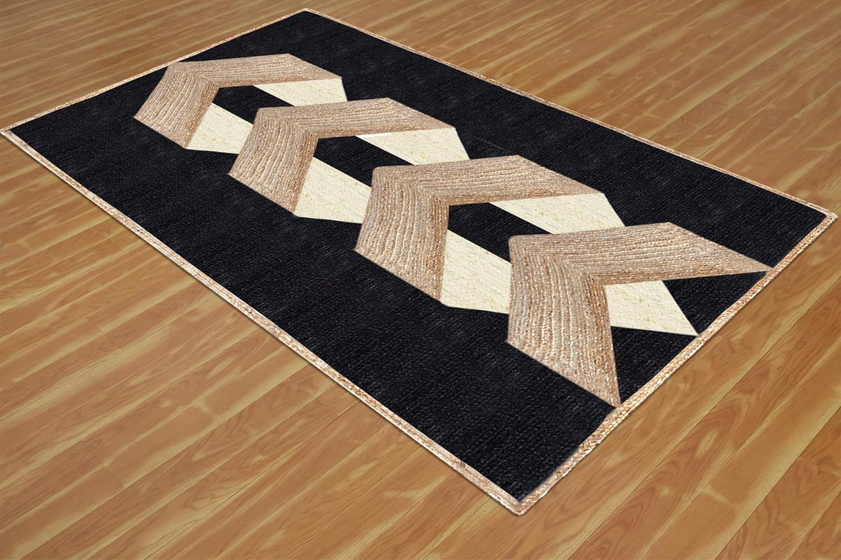 Beige and Black Indian Rug – Hand-Woven Geometric Area Rug for Living Room