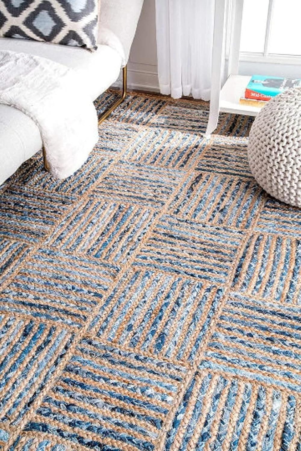 Denim And Natural Jute Rug ,Blue Carpet