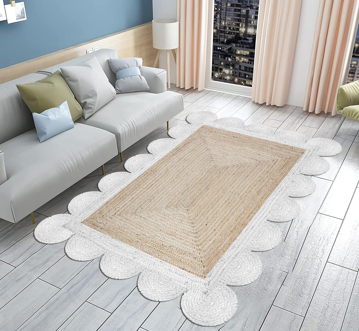 Black Border Jute Rug – Hand-Braided Scalloped Rug for Patio or Living Room