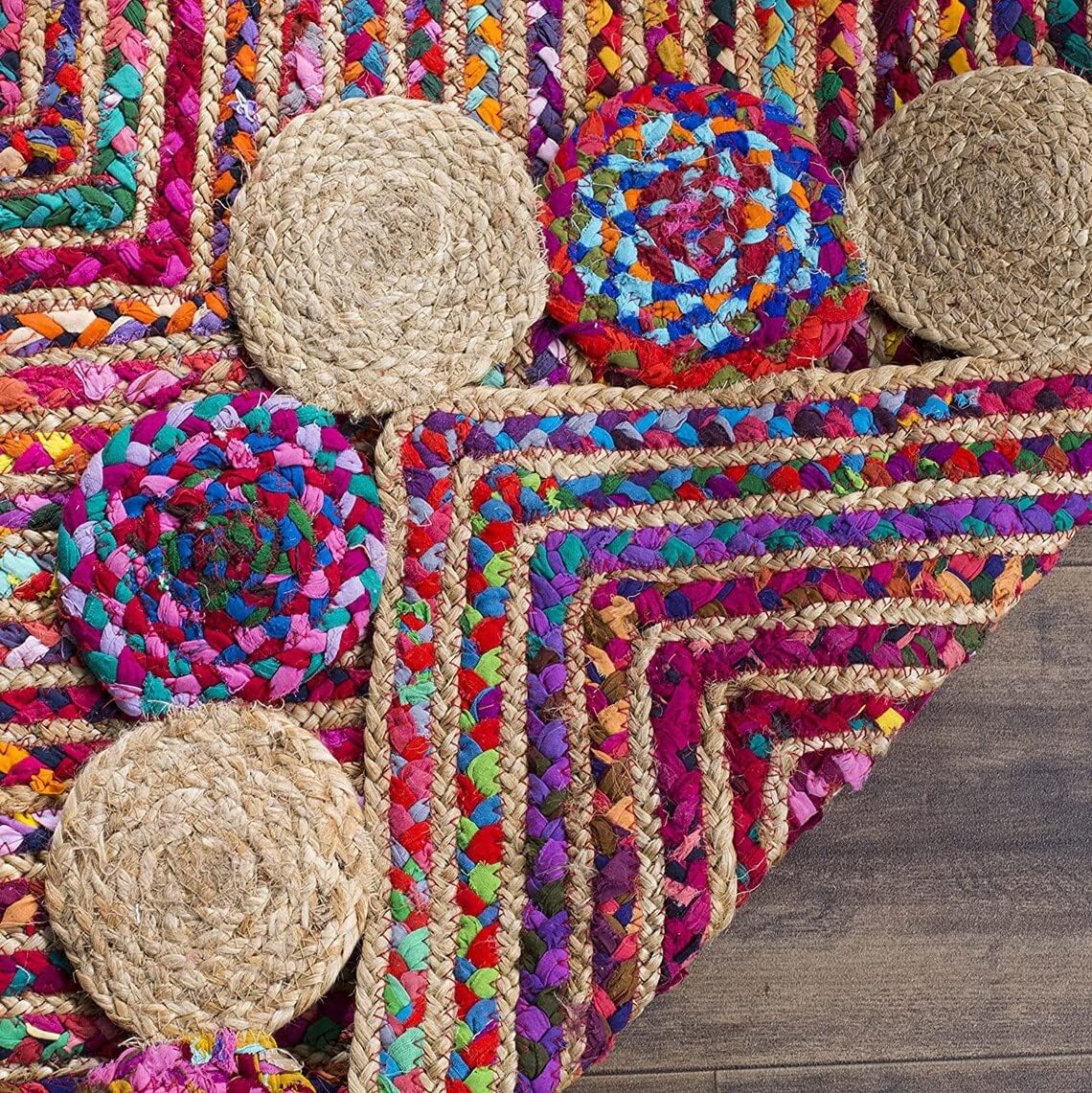 Handmade Recycled Chindi Rug – Braided Jute Cotton Pinwheel Design