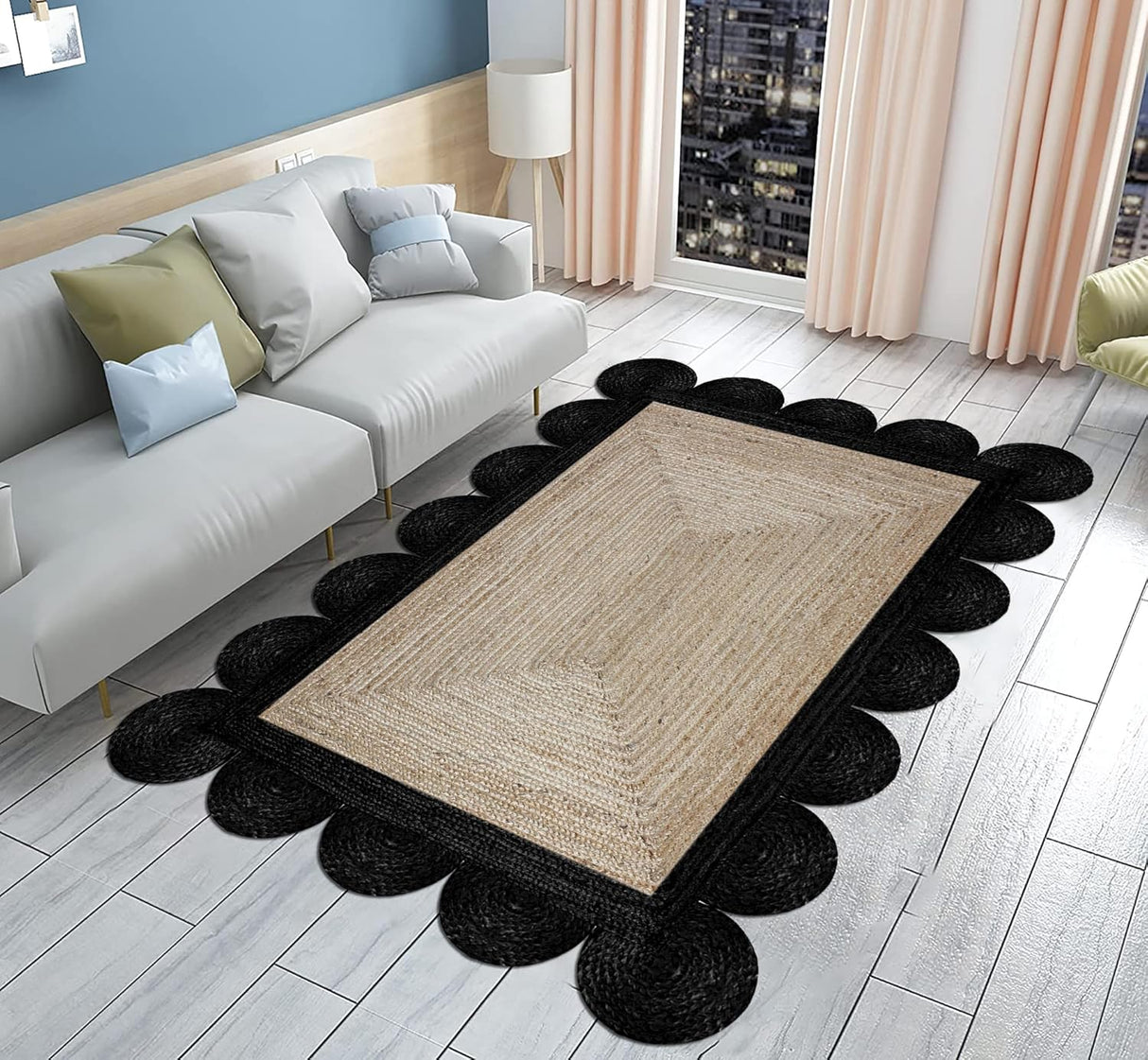 Black Border Jute Rug – Hand-Braided Scalloped Rug for Patio or Living Room