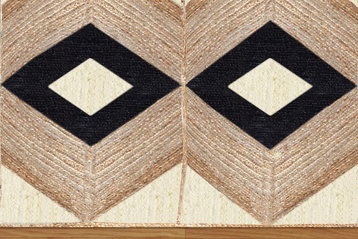 Beige and Black Indian Rug – Hand-Woven Geometric Area Rug for Living Room