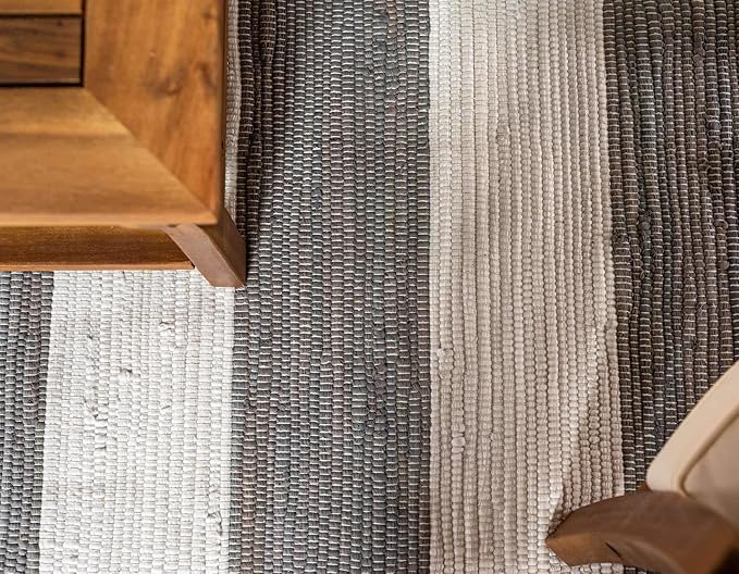 Chindi Rag Collection Hand Woven Striped Natural Fibers Gray Runner Rug
