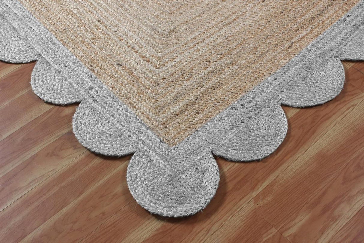 Black Border Jute Rug – Hand-Braided Scalloped Rug for Patio or Living Room