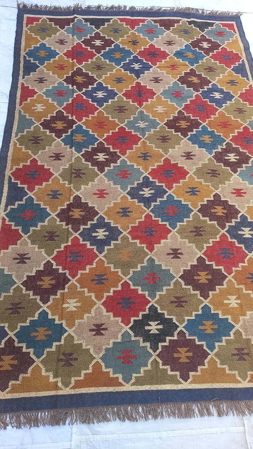 Boho Wool Jute Kilim Rug, Flatweave Multicolor Dhurrie Carpet