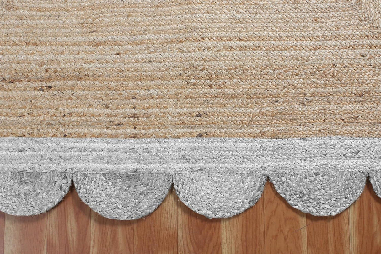 Black Border Jute Rug – Hand-Braided Scalloped Rug for Patio or Living Room