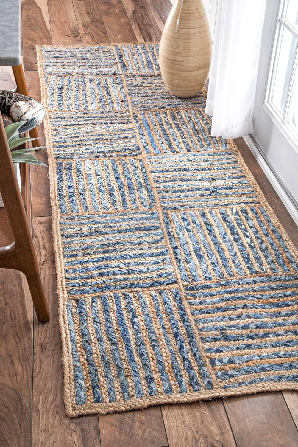 Indian Hand Woven Blue Hemp-Denim-Jute Cotton ,Recycled Denim Jute Rug