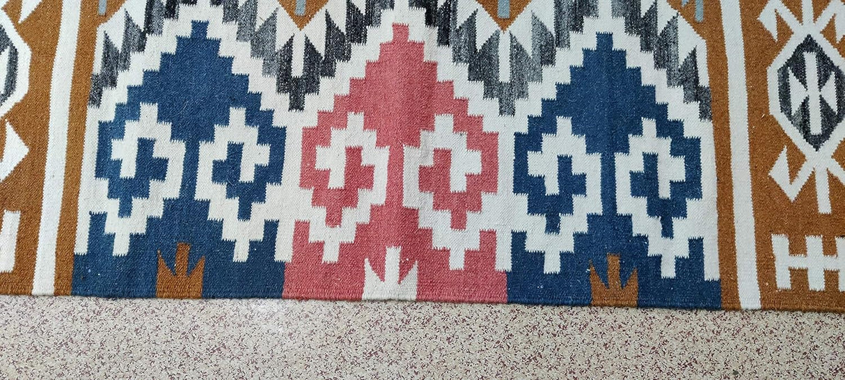Tapis Kilim tissé à plat en coton multicolore Dhurrie
