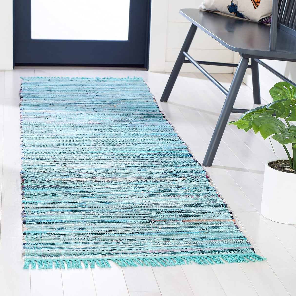 Handmade Boho Stripe Washable Turquoisen/Multi Cotton Rugs For Living Room