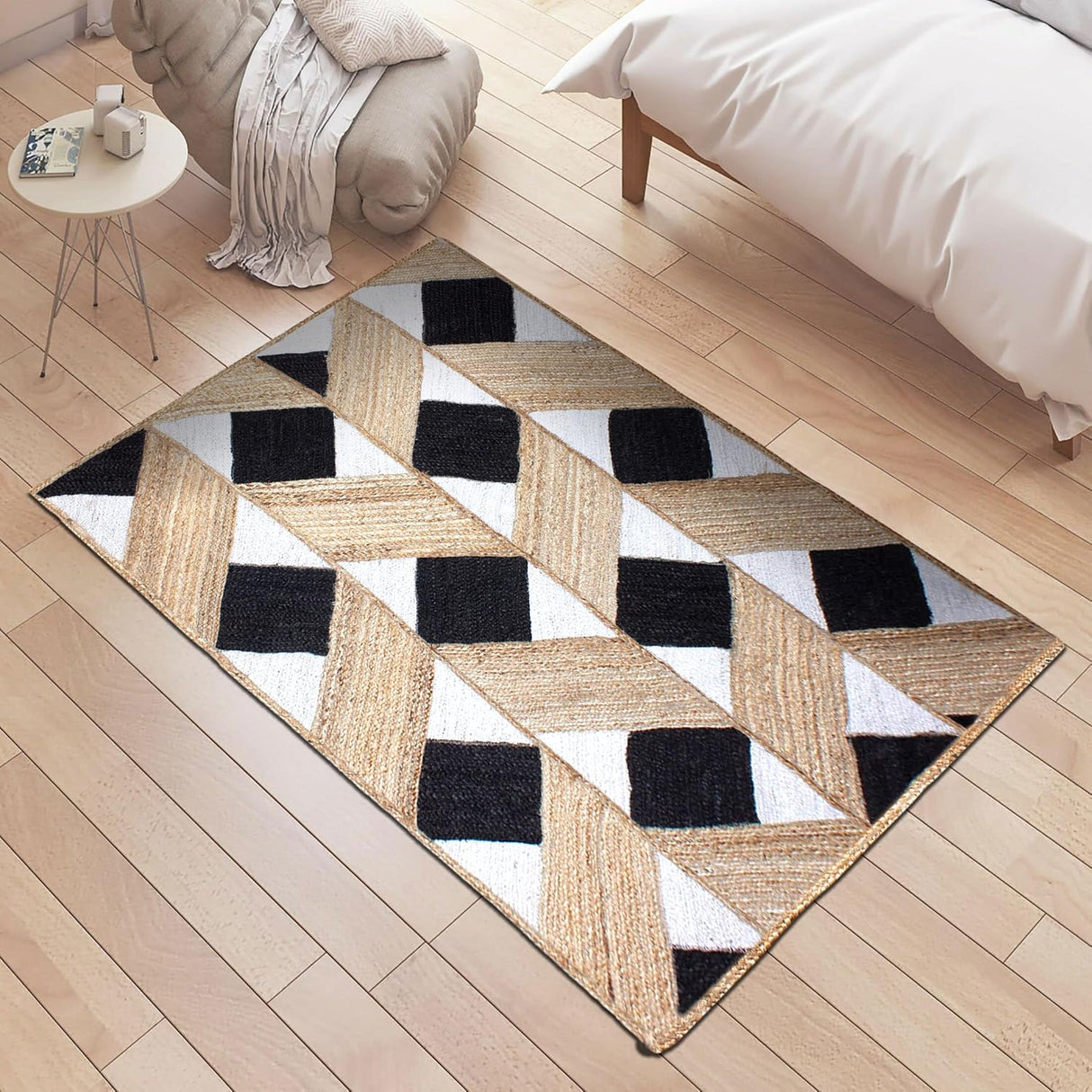 Beige and Black Indian Rug – Hand-Woven Geometric Area Rug for Living Room