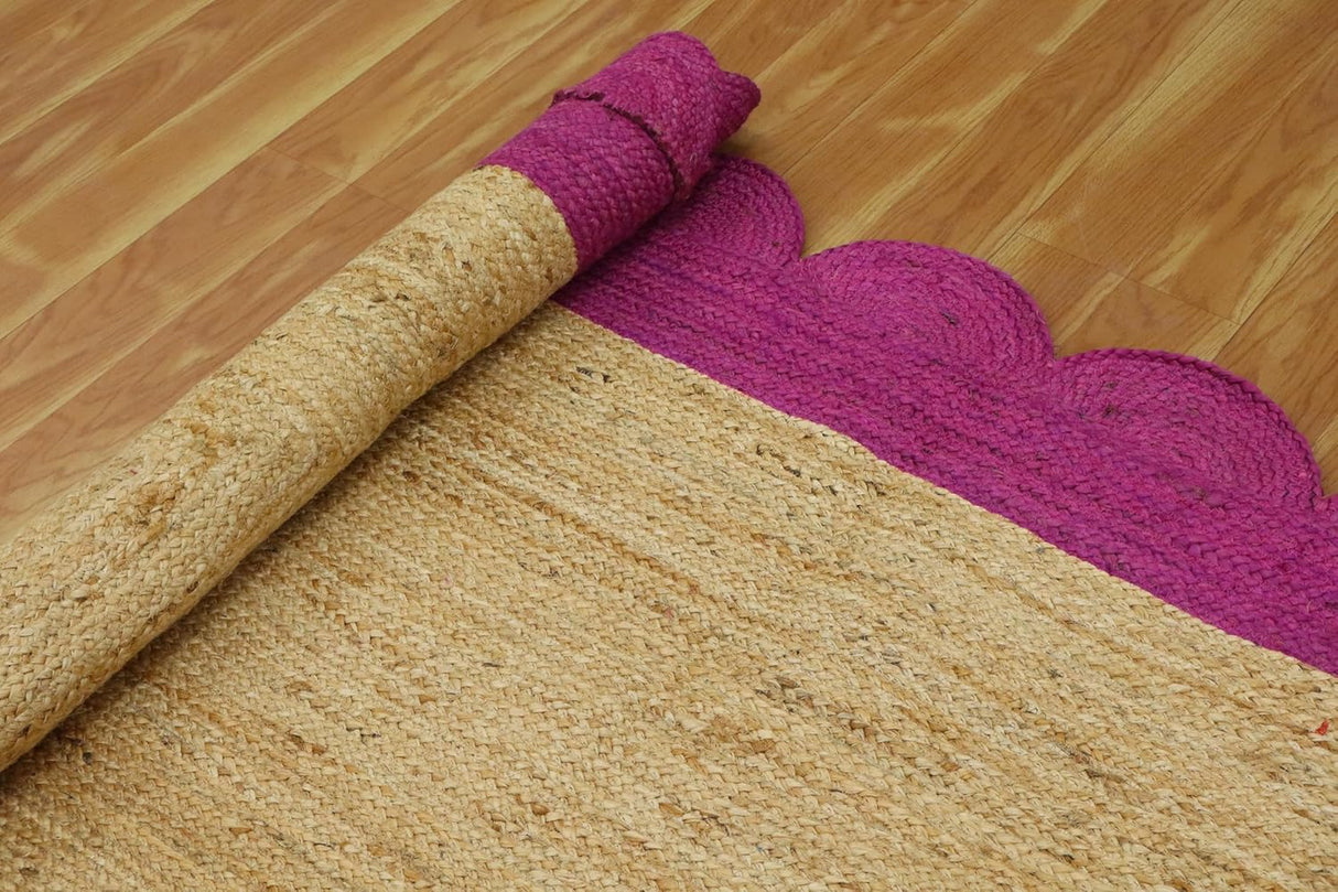 Black Border Jute Rug – Hand-Braided Scalloped Rug for Patio or Living Room