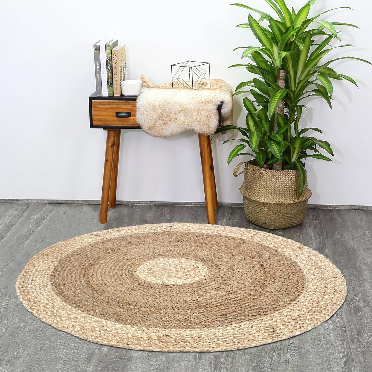 Round Handwoven Jute Rug – Braided Traditional Door Mat for Bedroom or Hallway
