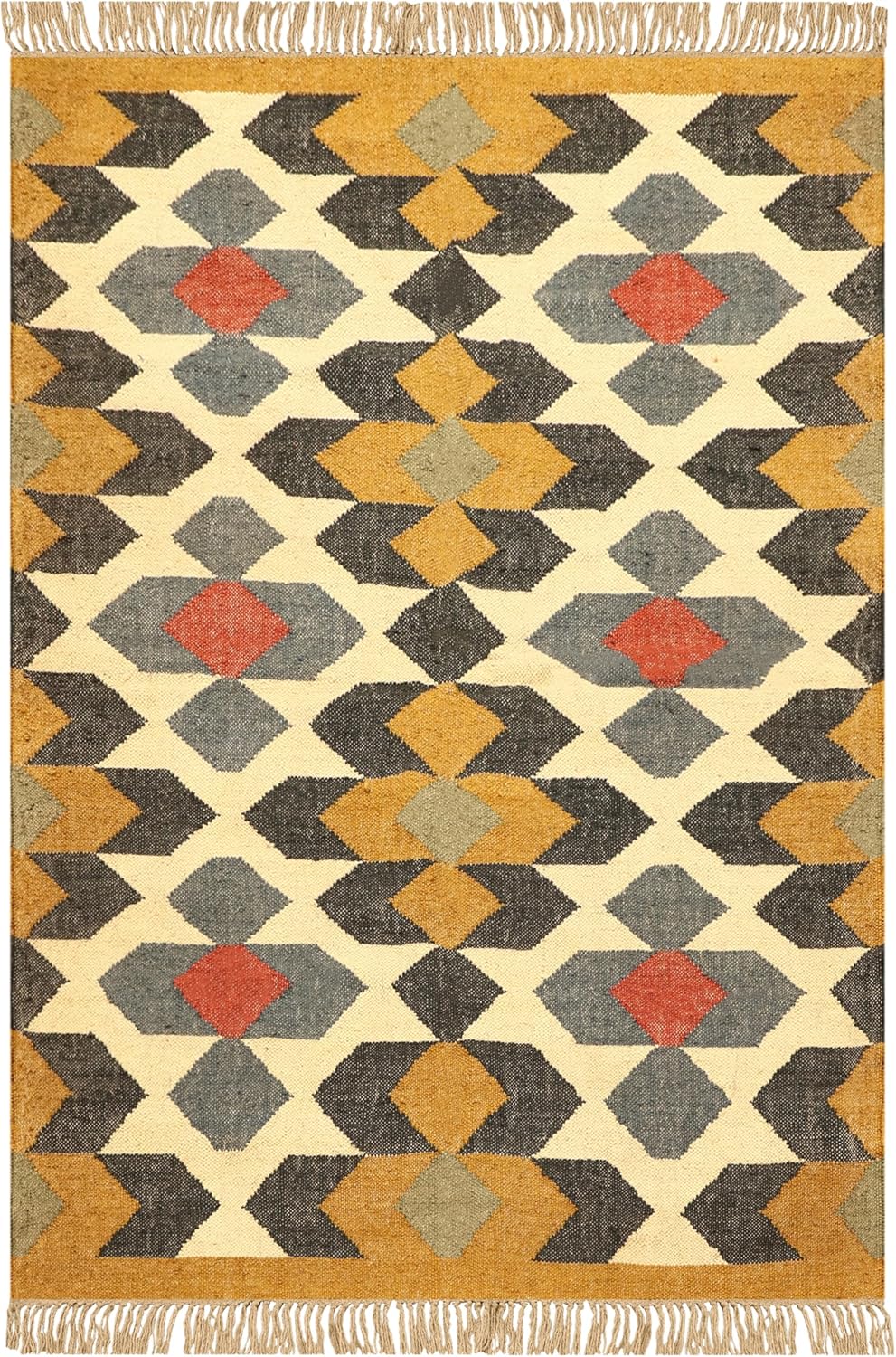 Wool Kilim Rug,Yellow Multicolor Wool & Jute Hand Woven Rug