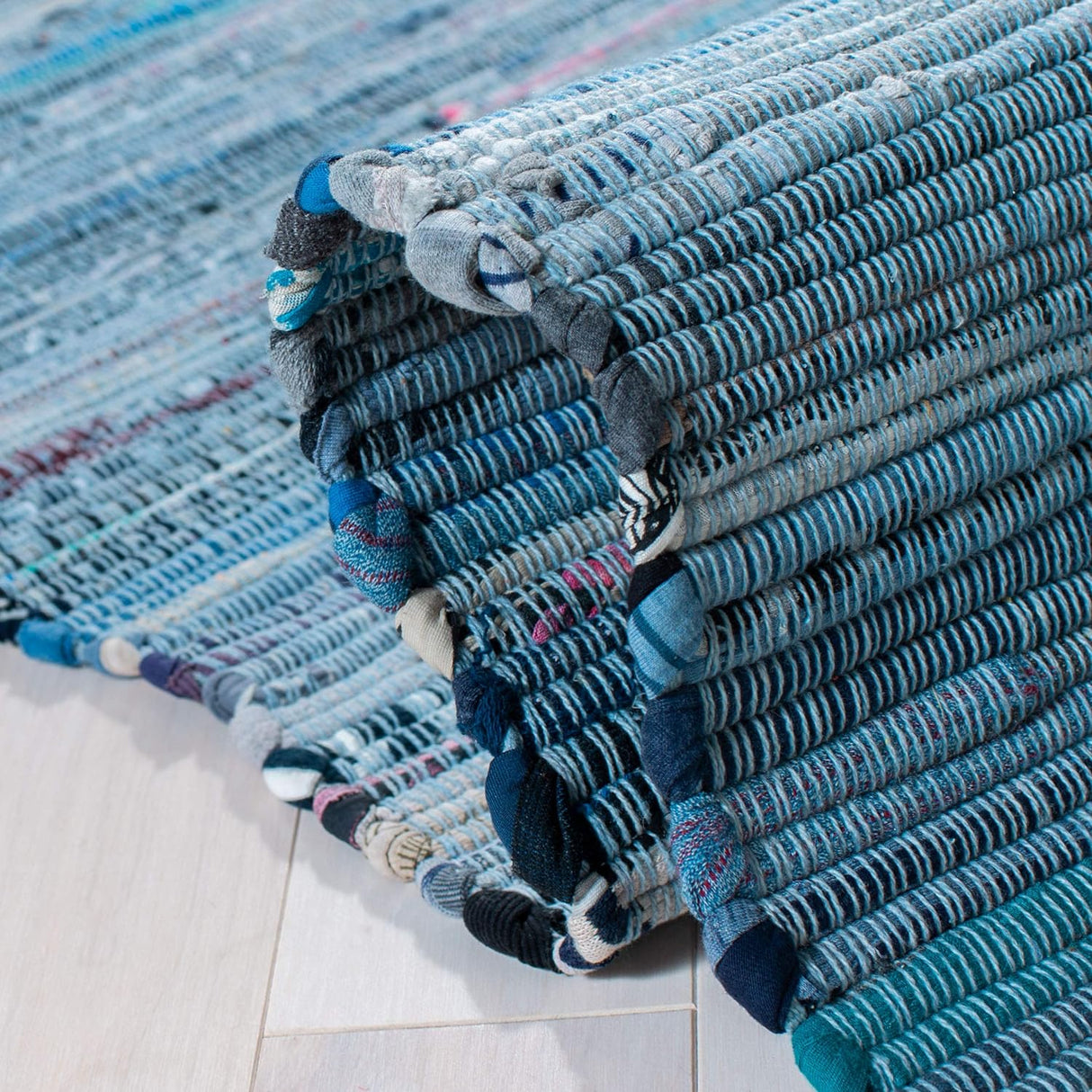 Handmade Boho Stripe Washable Blue/Multi Cotton Area Rug