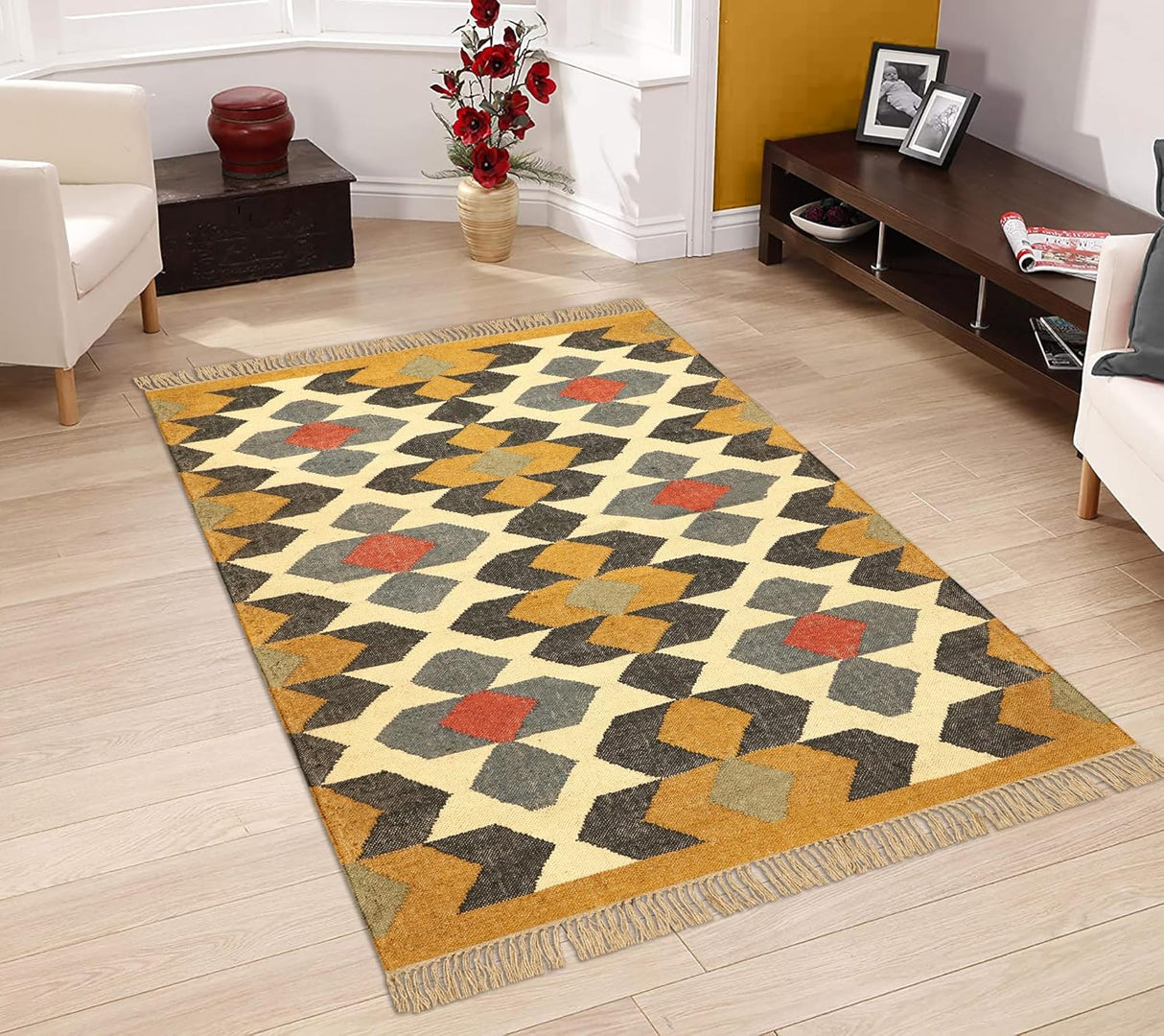 Wool Kilim Rug,Yellow Multicolor Wool & Jute Hand Woven Rug