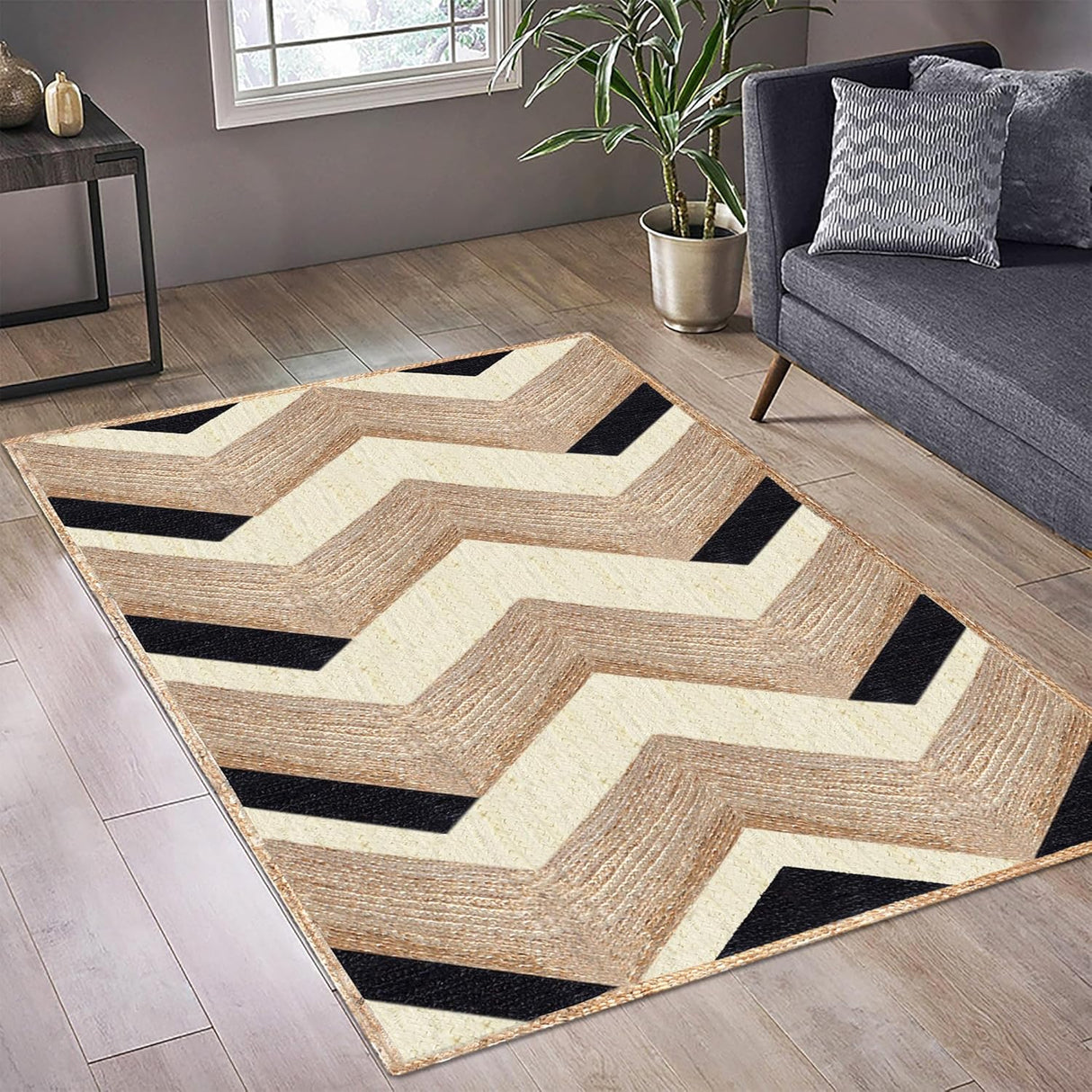Beige and Black Indian Rug – Hand-Woven Geometric Area Rug for Living Room