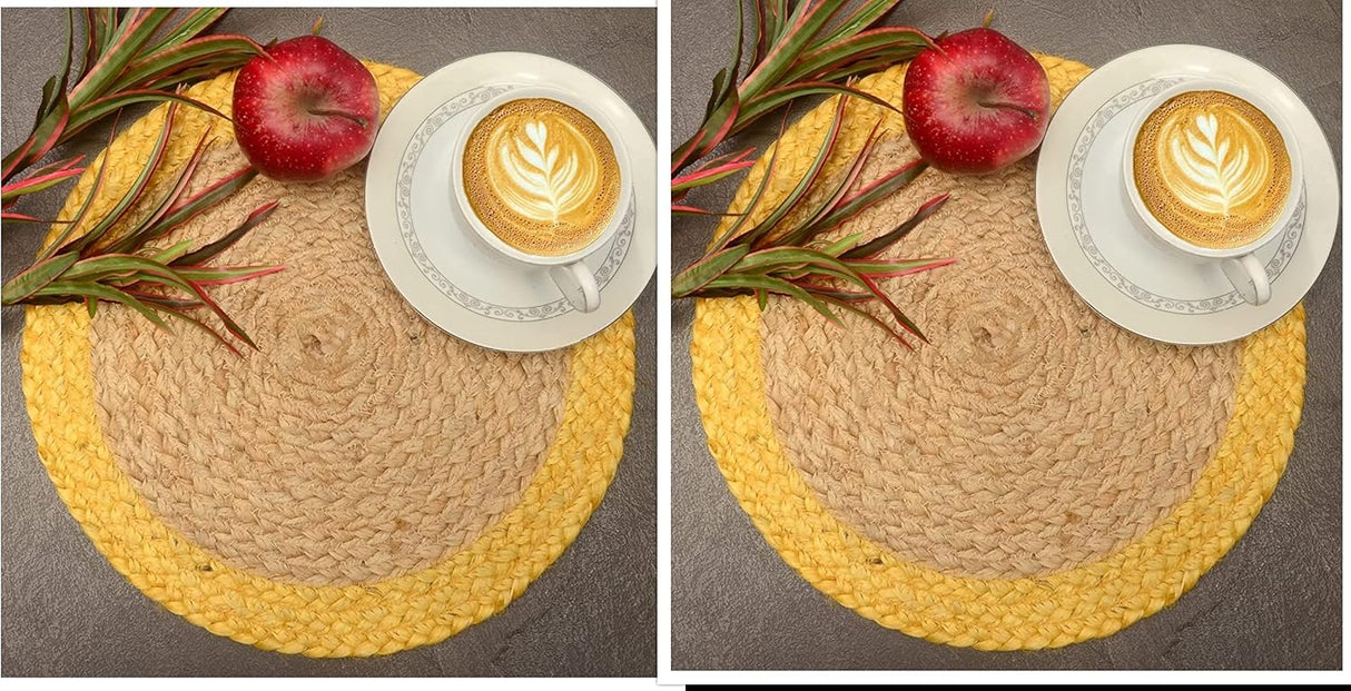 Non-Slip Table Top,Handmade BraideYellow Border Beige Inside Coaster