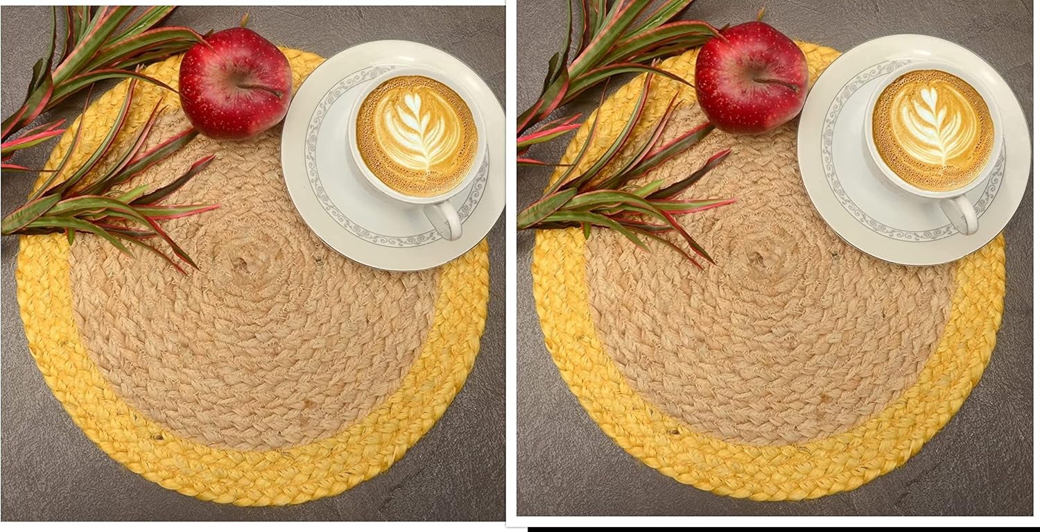 Non-Slip Table Top,Handmade BraideYellow Border Beige Inside Coaster