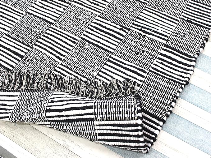 Handmade Black Cotton & Jute Fashion Floor Carpet Reversible Rug Mat