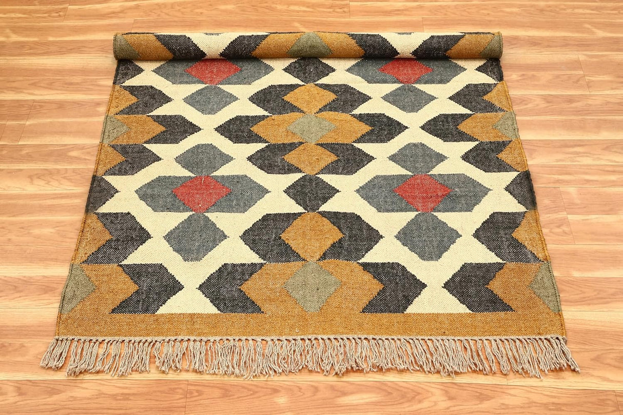 Wool Kilim Rug,Yellow Multicolor Wool & Jute Hand Woven Rug