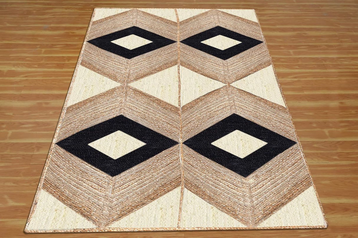 Beige and Black Indian Rug – Hand-Woven Geometric Area Rug for Living Room