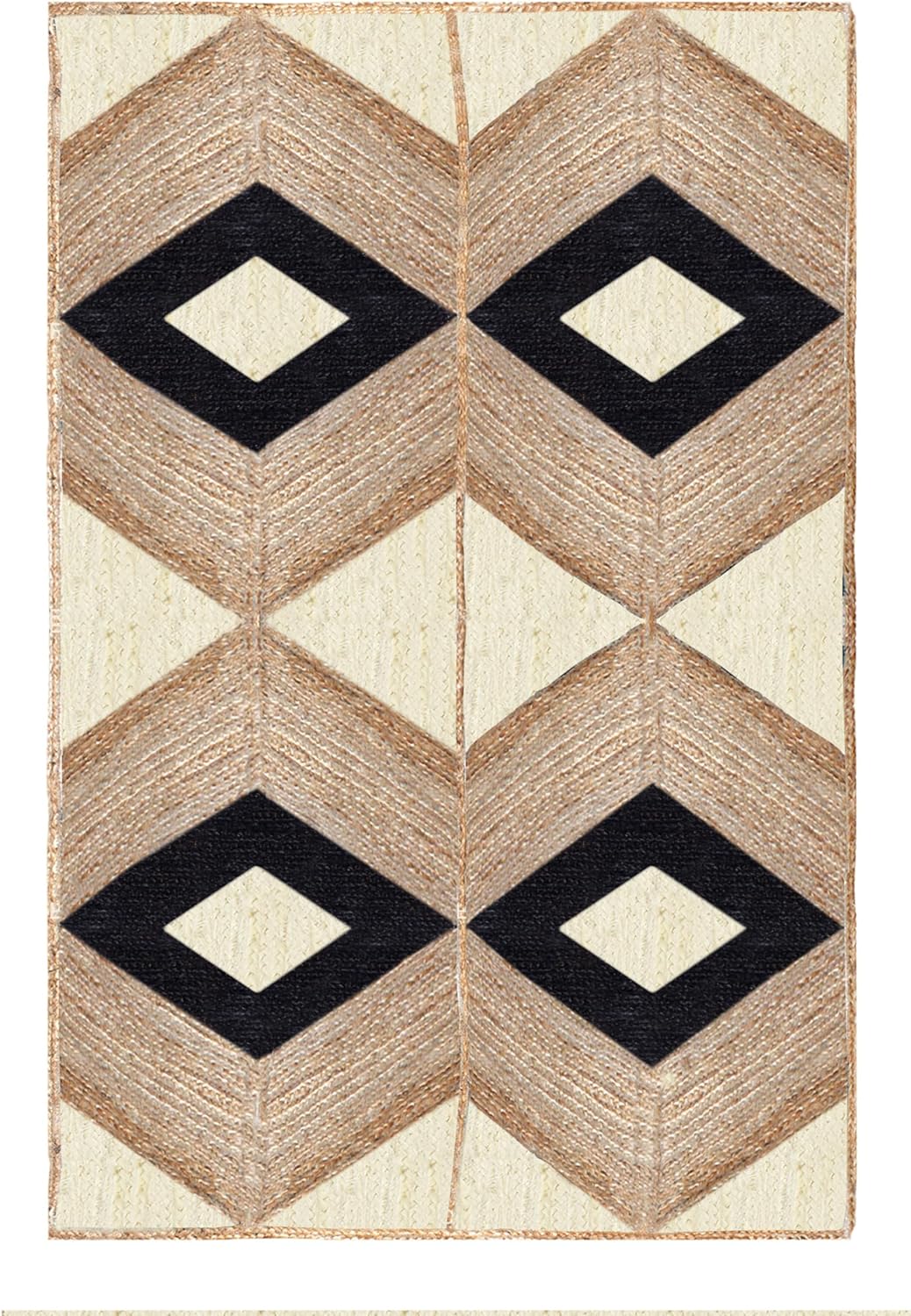 Beige and Black Indian Rug – Hand-Woven Geometric Area Rug for Living Room