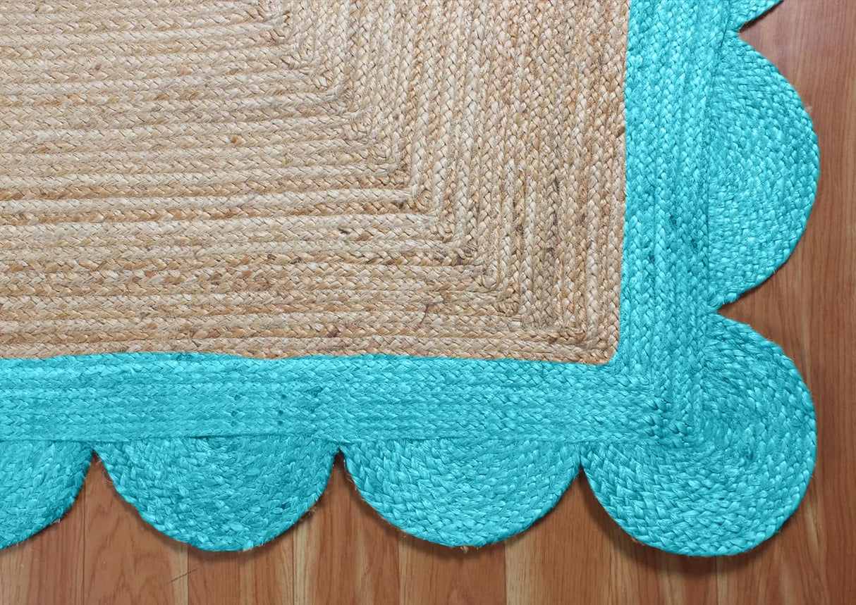 Black Border Jute Rug – Hand-Braided Scalloped Rug for Patio or Living Room