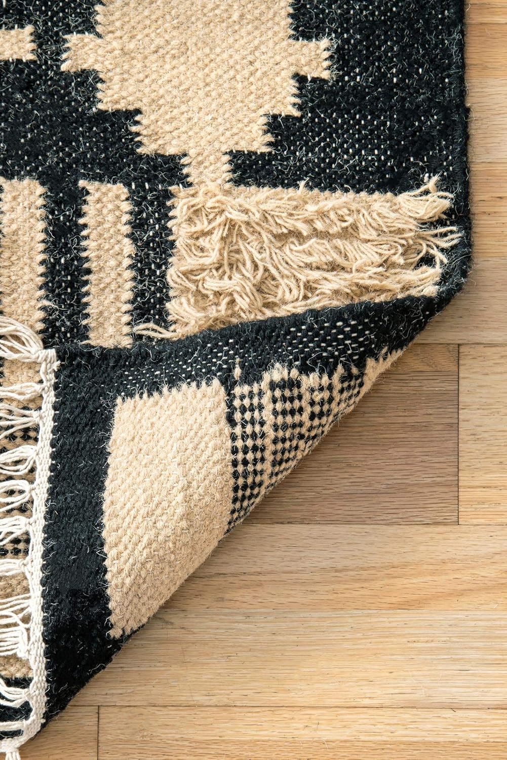 Mona Shaggy Tribal Stripes Wool Area Rug, Luxury Wool Jute Rugs